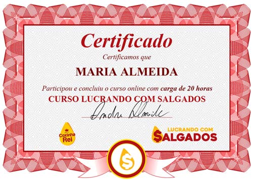 Certificado de conclusão do curso Lucrando com Salgados