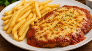 Bife à Parmegiana Perfeito Bife à parmegiana bovino