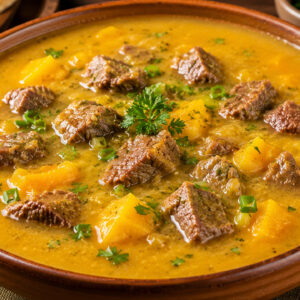 Sopa de mandioquinha com carne