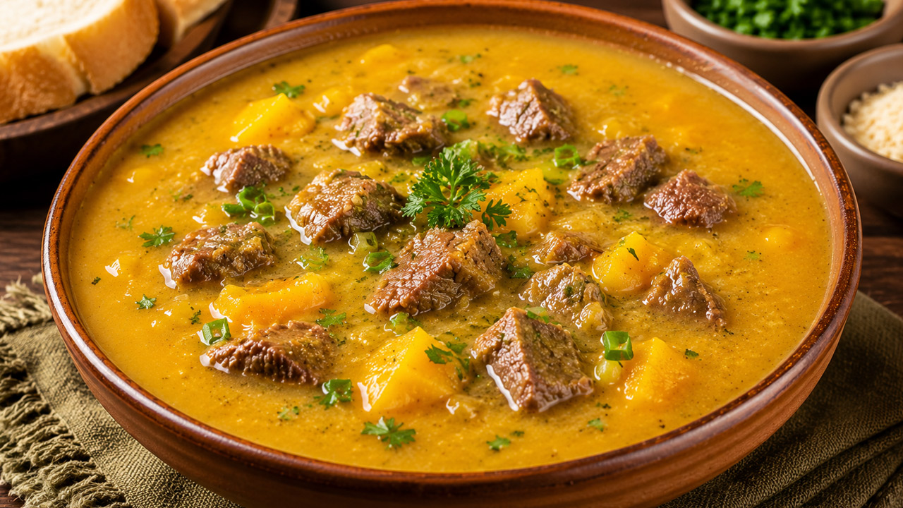Sopa de mandioquinha com carne