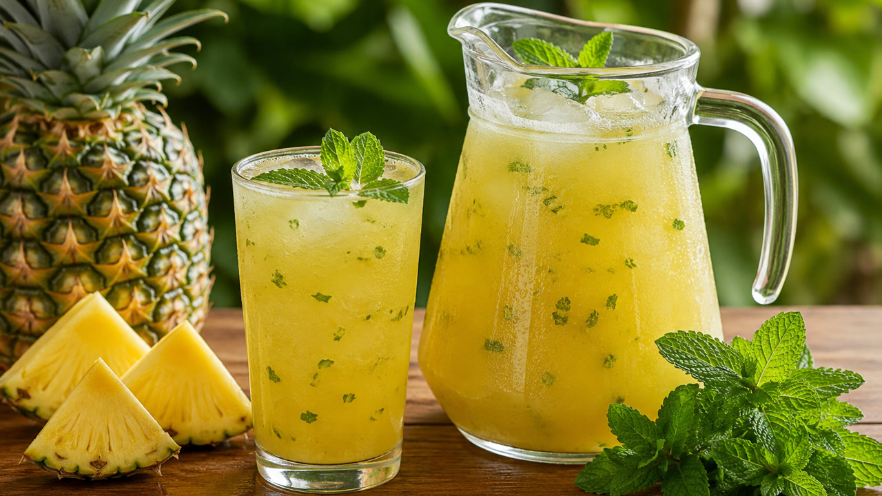 Suco de Abacaxi com Hortelã Passo a Passo Suco de abacaxi com hortelã