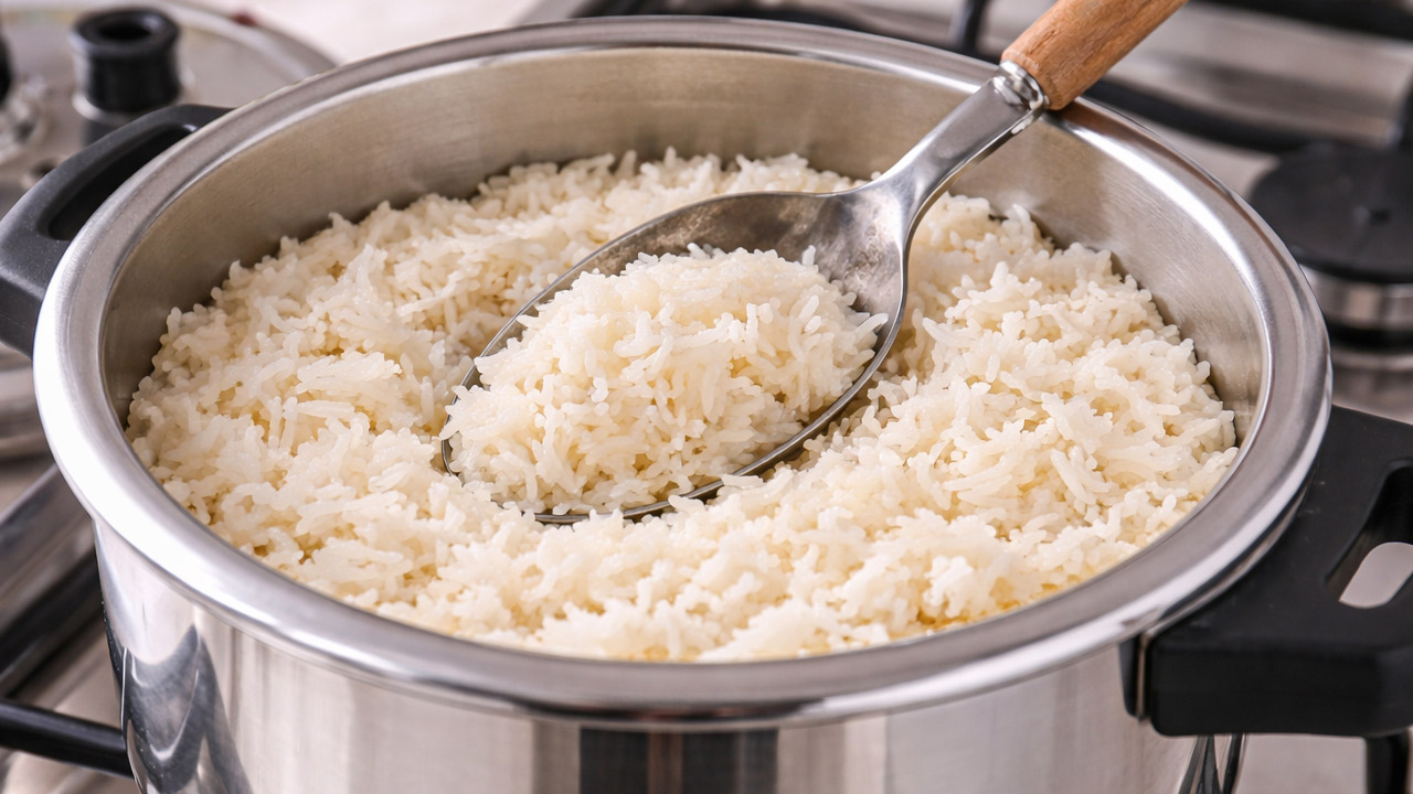 Arroz branco na panela de pressão