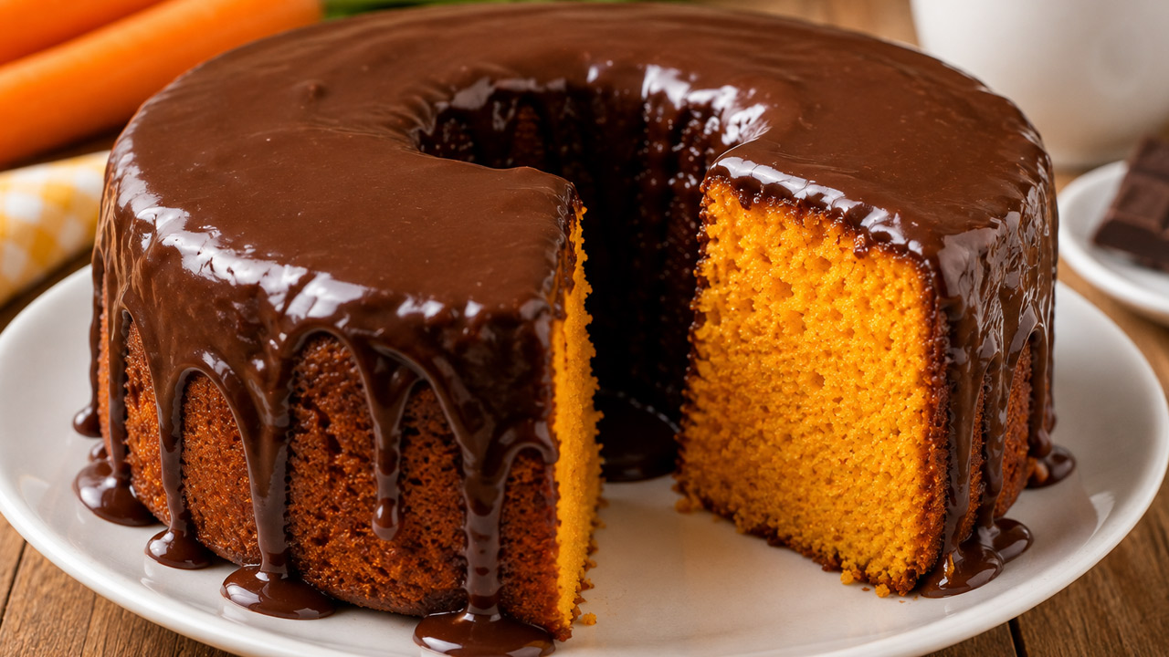 Bolo Rápido de Cenoura com Calda de Chocolate Bolo de cenoura com calda de chocolate