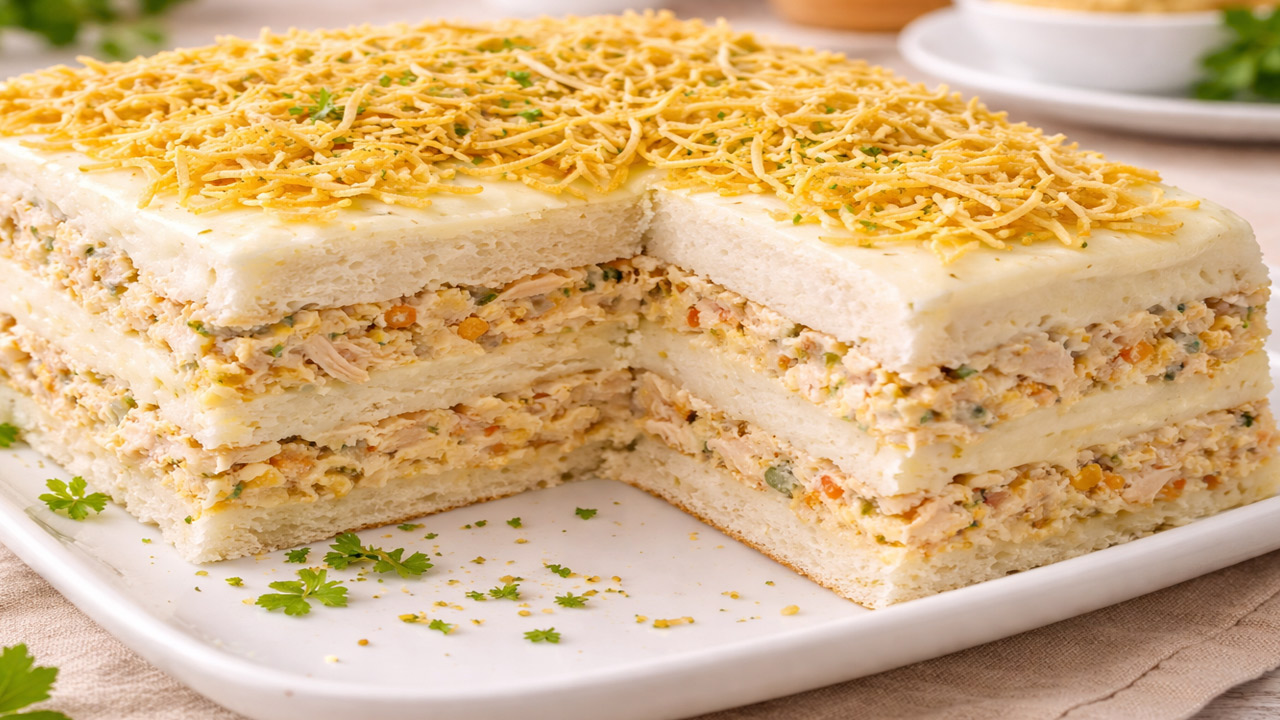 Bolo Salgado de Pão de Forma (Torta Salgada Fria) Bolo de pão de forma - Torta Salgada