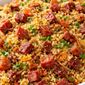 Farofa temperada com bacon e calabresa