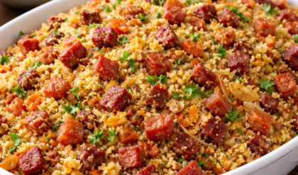 Farofa Temperada com Bacon e Calabresa Farofa temperada com bacon e calabresa