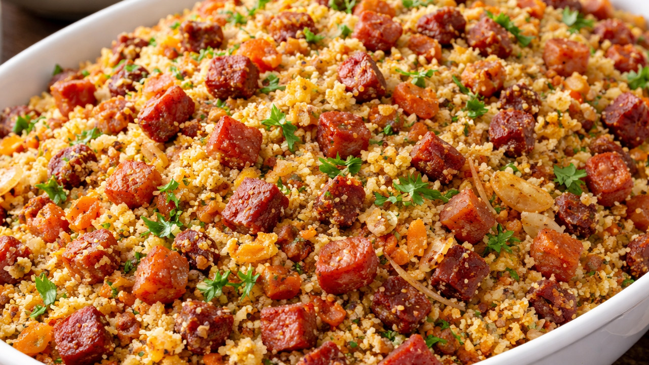 Farofa Temperada com Bacon e Calabresa Farofa temperada com bacon e calabresa