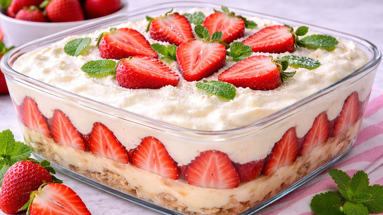 Pavê de morangos bonito e gostoso