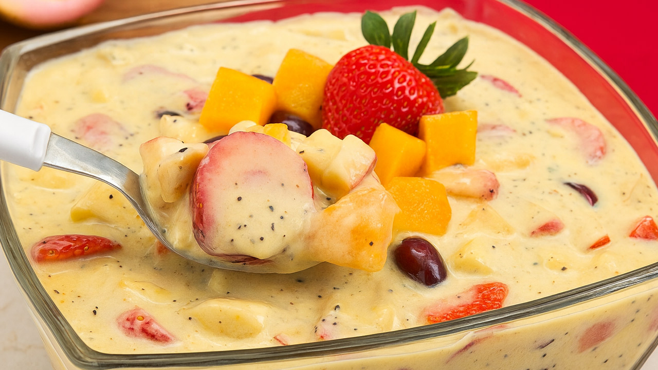 Salada de Frutas com Creme de Maracujá Salada de Frutas Cremosa com Creme de Maracujá
