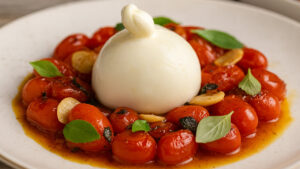 Burrata cremosa com molho de tomate e manjericão