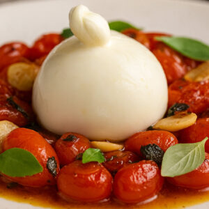 Burrata cremosa com molho de tomate e manjericão