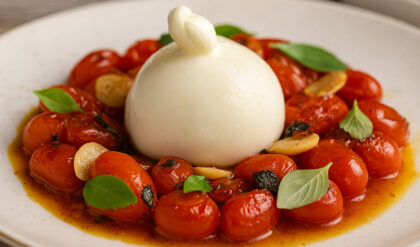 Burrata cremosa com molho de tomate e manjericão