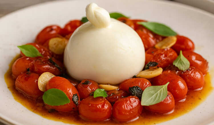 Burrata cremosa com molho de tomate e manjericão