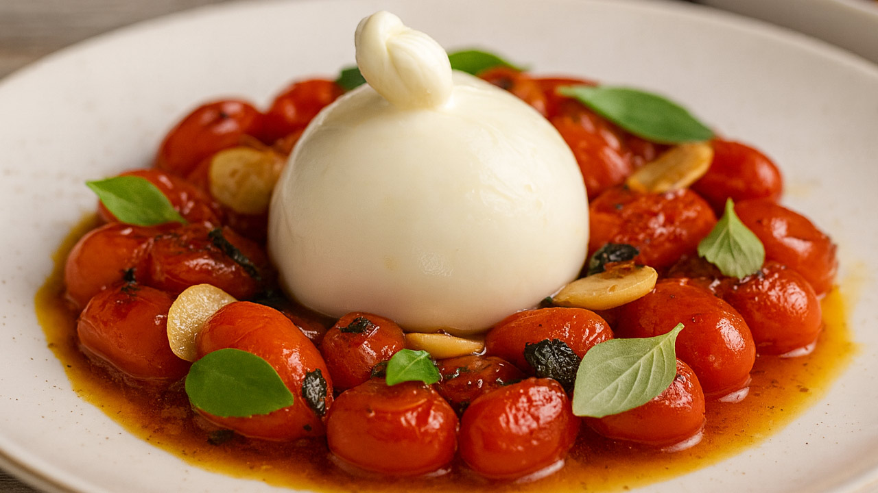 Burrata Cremosa com Molho de Tomate e Manjericão Burrata cremosa com molho de tomate e manjericão