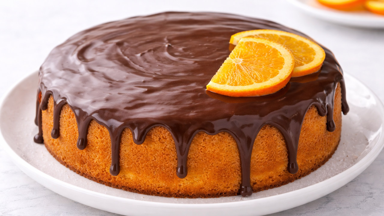 Bolo de Laranja com cobertura de chocolate