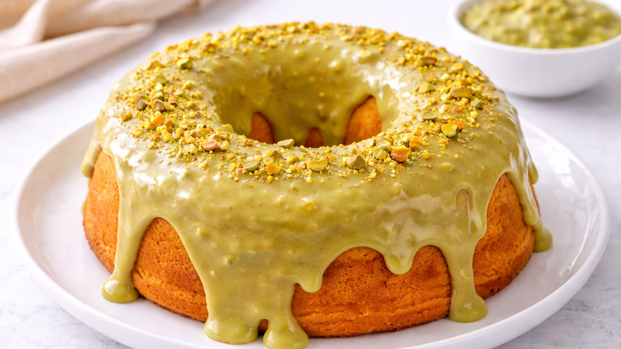 Bolo de Laranja com Cobertura de Pistache Bolo de laranja com cobertura de pistache