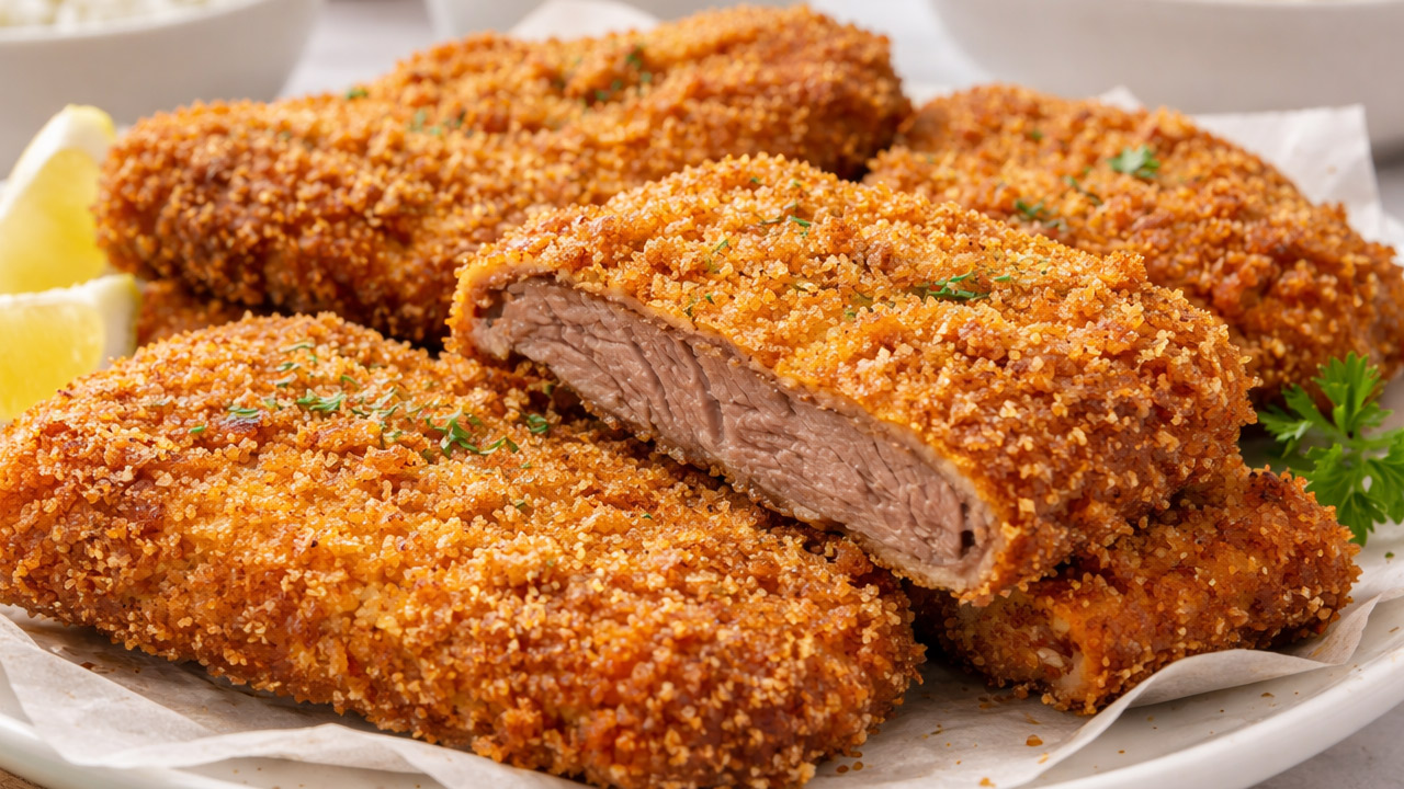 Bife de carne crocante empanado com farinha panko
