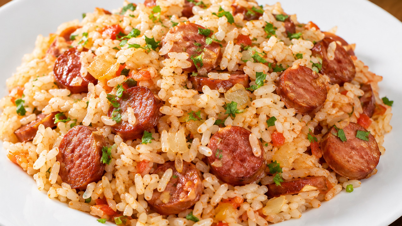 Arroz temperado com calabresa e cebola