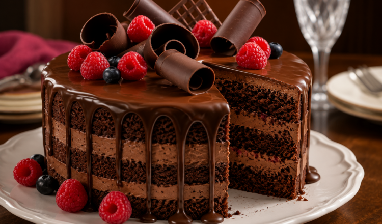 Bolo de Chocolate de 3 Camadas (com Recheio e Cobertura) Bolo de Chocolate de 3 camadas
