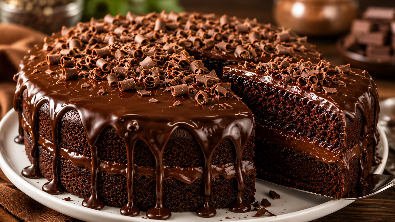 Bolo de chocolate com cobertura bem gostoso