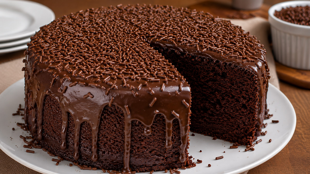 Bolo de Chocolate com Cobertura de Brigadeiro Bolo de chocolate com cobertura de brigadeiro