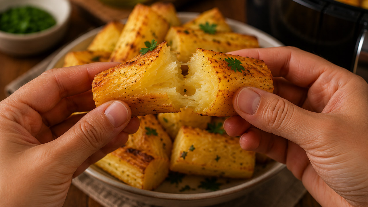 Mandioca na Air Fryer Bem Crocante e Saborosa Mandioca assada na air fryer